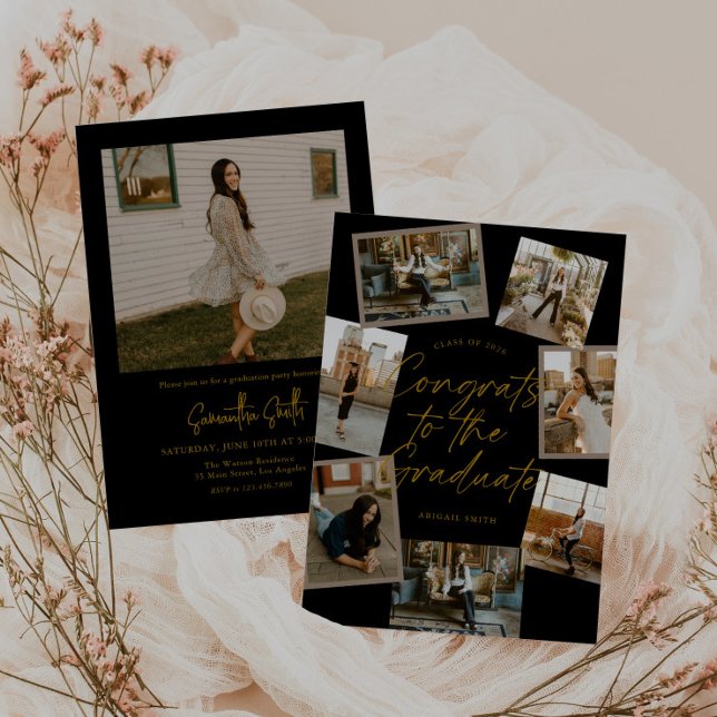 Black & Gold Photo Collage Graduation Invitation (Creator Uploaded)