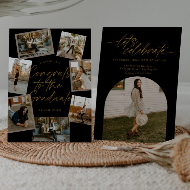 Black & Gold Photo Collage Graduation Invitation (Creator Uploaded)