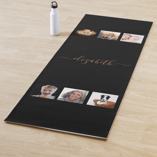 Black gold photo collage name script elegant yoga mat (In Situ)