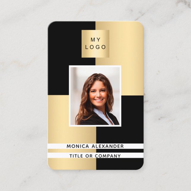 Black gold photo corporate logo QR code Business Card (Front)