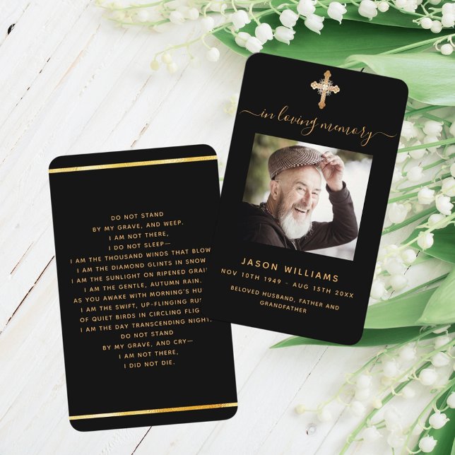 Black gold photo cross funeral prayer card (Creator Uploaded)