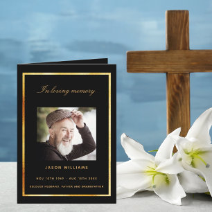 Black gold photo elegant funeral program thank you card