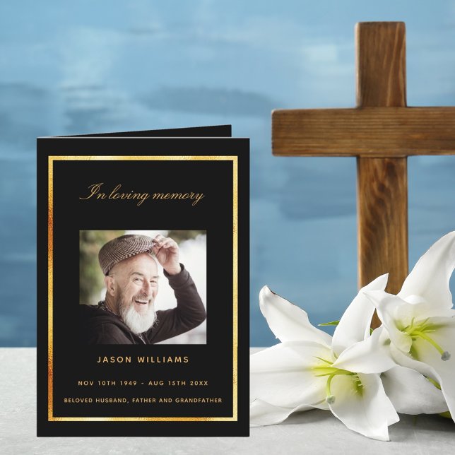 Black gold photo elegant funeral program thank you card (Creator Uploaded)