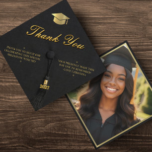 Black & Gold Photo Grad Cap Graduation Thank You Card