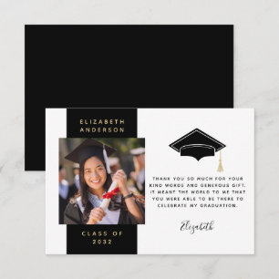 Black Gold Photo Graduation Cap  Thank You Card