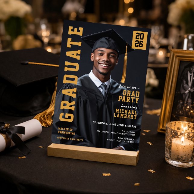 Black Gold Photo Graduation Invite (Elegant black gold graduation invite styled in a luxury celebration table setup)
