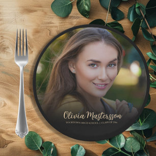 Black Gold Photo Graduation Party Paper Plate
