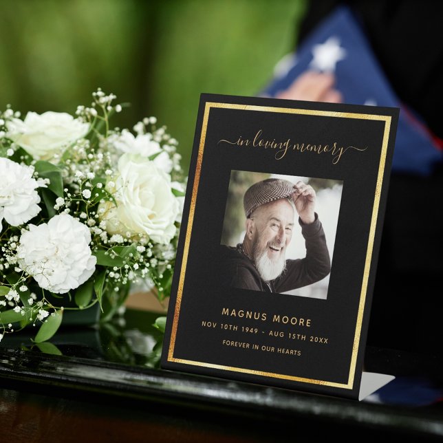 Black gold photo memorial funeral pedestal sign (Creator Uploaded)