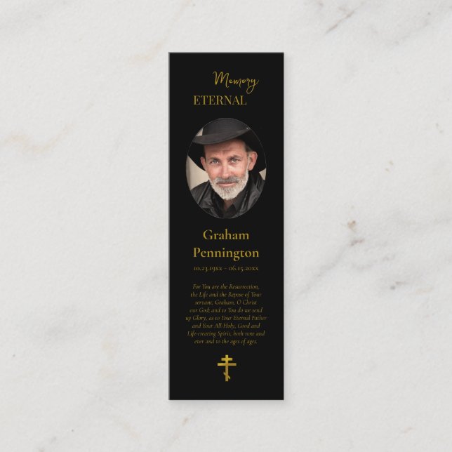 Black Gold Photo Memorial Orthodox Prayer Bookmark Mini Business Card (Front)