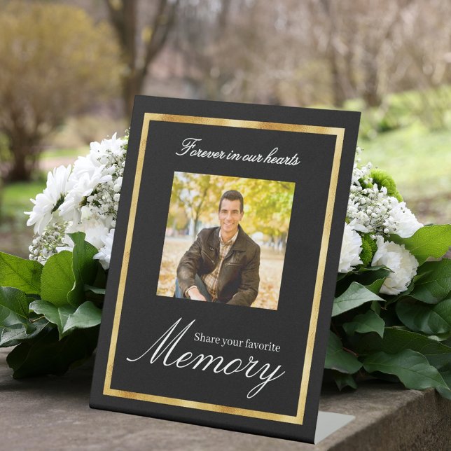 Black gold photo memorial share a memory pedestal sign (Creator Uploaded)