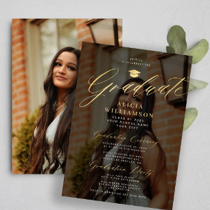 Black gold photo overlay elegant script graduation invitation