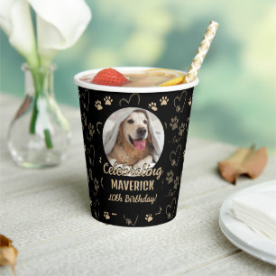 Black Gold Photo Paw Print Dog Birthday Party Paper Cups