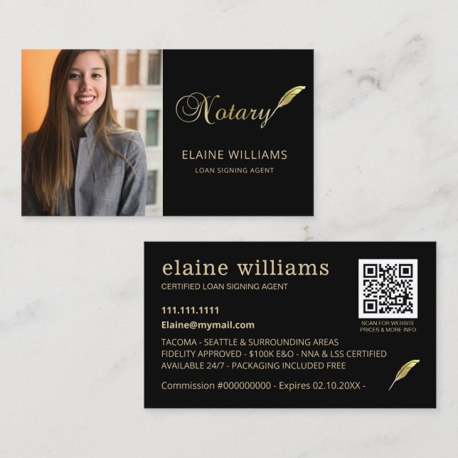 Black Gold Photo QR Notary Loan Signing Agent   Business Card (Front/Back)