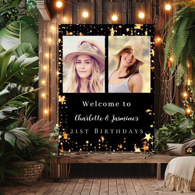 Black gold photo stars 2 persons birthday welcome poster (Creator Uploaded)