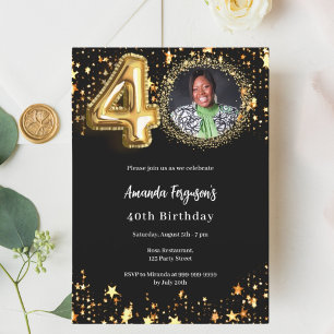 Black gold photo stars 40th birthday invitation