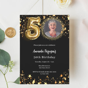 Black gold photo stars 50th birthday invitation