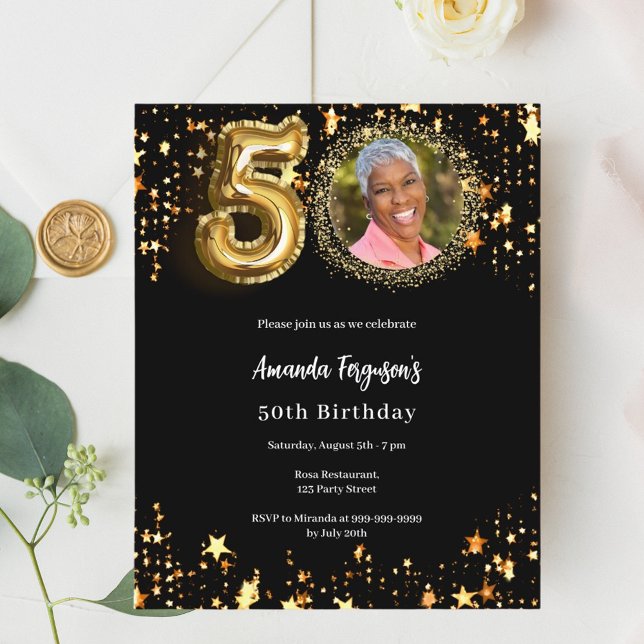 Black gold photo stars 50th birthday invitation (Creator Uploaded)