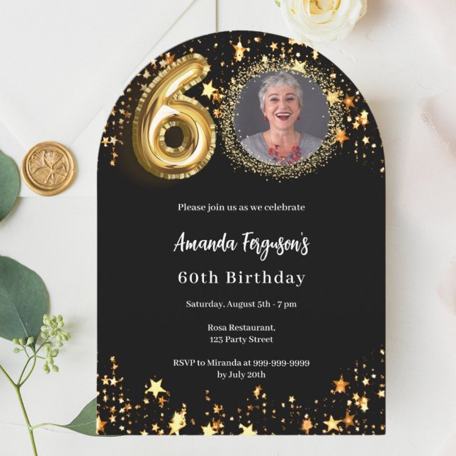 Black gold photo stars 60th birthday arch invitation (Creator Uploaded)