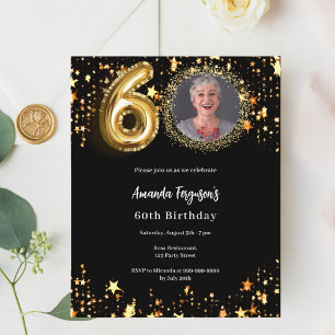 Black gold photo stars 60th birthday invitation
