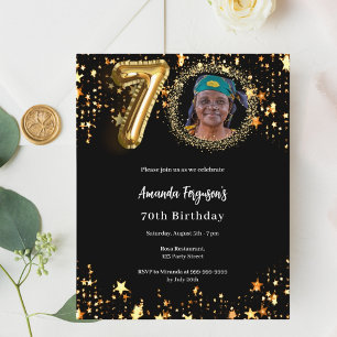 Black gold photo stars 70th birthday invitation