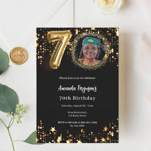 Black gold photo stars 70th birthday invitation