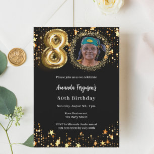 Black gold photo stars 80th birthday invitation