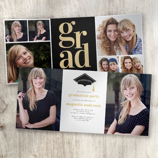 Black Gold Photos Graduation Party Tri-Fold Invitation (Creator Uploaded)