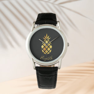 Black gold pineapple name script elegant watch
