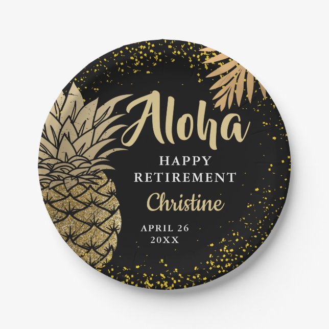 Black Gold Pineapple Surprise Retirement Party Paper Plate (Front)