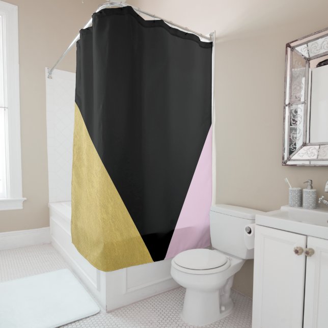 Black Gold & Pink Colour Block Mod Glam Triangles Shower Curtain (In Situ)