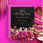 Black Gold Pink Floral 80th Birthday Party Invitation<br><div class="desc">Elegant and chic black,  gold and hot pink floral 80th birthday party invitation for women.  Contact me for assistance with your customisations or to request additional matching or coordinating Zazzle products for your event.</div>