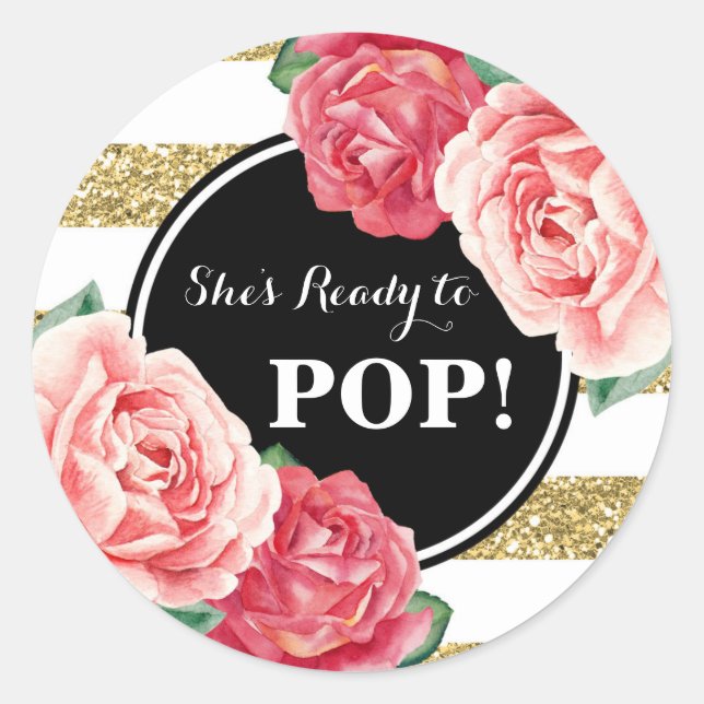 Black Gold Pink Floral Baby Shower Ready to Pop Classic Round Sticker (Front)