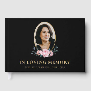 Black Gold Pink Floral Photo Funeral Memorial Guest Book