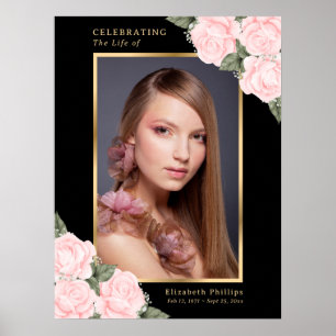 Black Gold Pink Floral Photo Memorial Funeral Sign