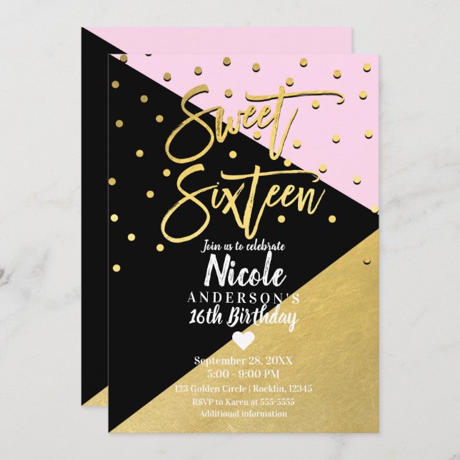 Black Gold & Pink Modern Script Sweet 16 Sixteen Invitation (Front/Back)