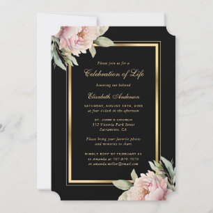 Black Gold Pink Peony Photo Celebration of Life Invitation