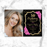 Black Gold Pink Photo 50th Birthday Invitation<br><div class="desc">Elegant floral 50th birthday invitation with your photo. Glam black pink design with faux glitter gold. Features pink roses, script font and confetti. Perfect for a stylish adult bday celebration party. Personalise with your own details. Can be customised for any age! Printed Zazzle invitations or instant download digital printable template....</div>