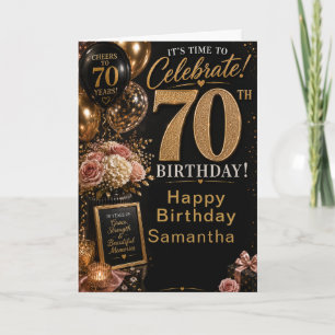 Black Gold Pink Seventieth Birthday Party Card