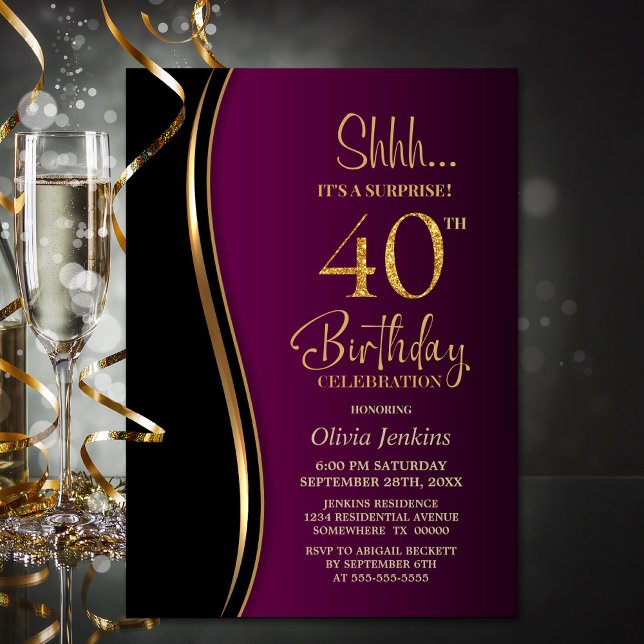 Black Gold Pink Surprise 40th Birthday Invitation (Creator Uploaded)
