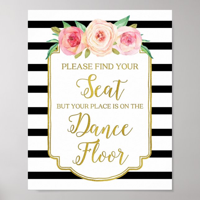 Black Gold Pink Watercolor Floral Wedding Sign (Front)