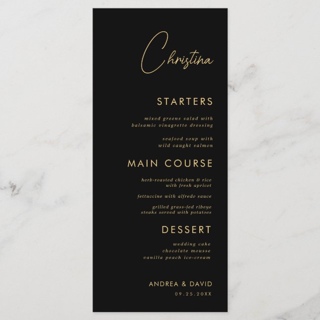 Black Gold Place Card Menu with Custom Guest Name (Front)