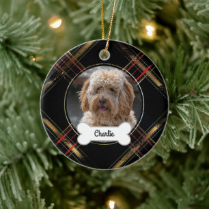 Black Gold Plaid Custom Pet Puppy Dog Photo Ceramic Tree Decoration
