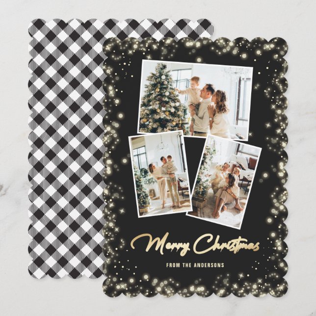 Black Gold Plaid Photo Collage Merry Christmas Holiday Card (Front/Back)