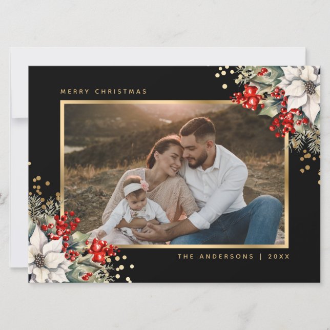 Black Gold Poinsettia Berries Photo Christmas Holiday Card (Front)