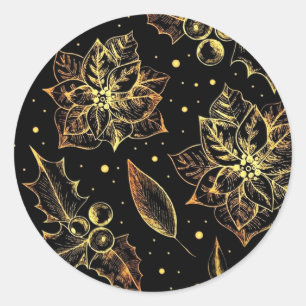 Black & Gold Poinsettias & Holly Classic Round Sticker