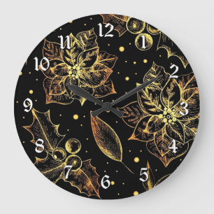Black & Gold Poinsettias & Holly Large Clock