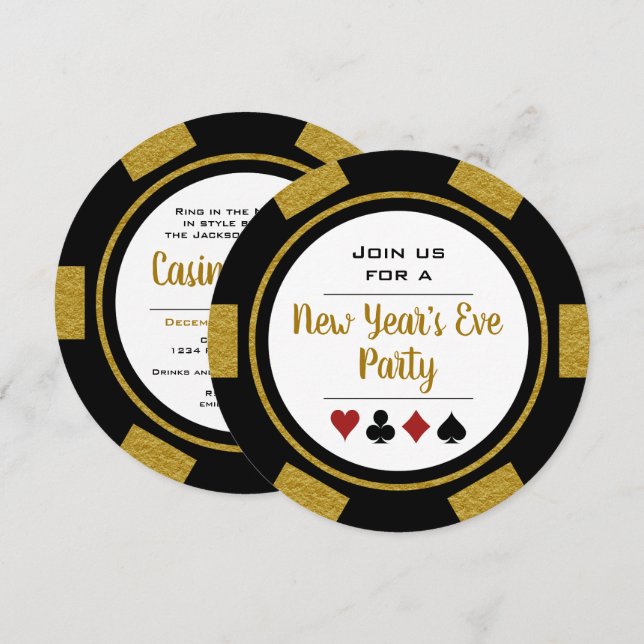 Black Gold Poker Chip Casino Night New Year's Eve Invitation (Front/Back)