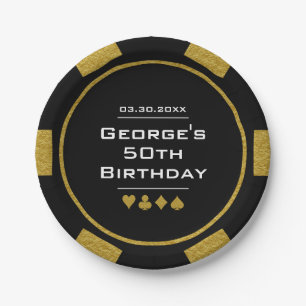 Black Gold Poker Chip Las Vegas Casino Birthday Paper Plate