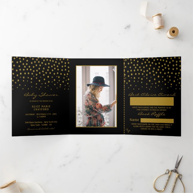 Black & Gold Polka Dot, Baby Shower Suite Tri-Fold Invitation (Inside)