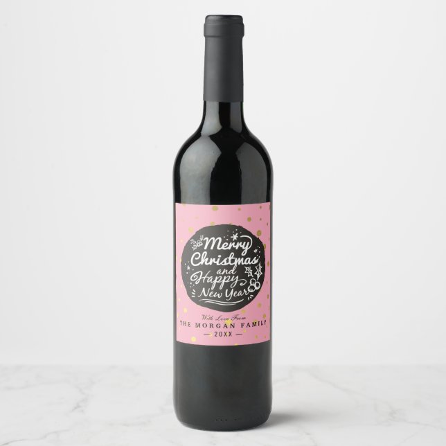 Black Gold Polka Dots Christmas & New Year Script Wine Label (Front)
